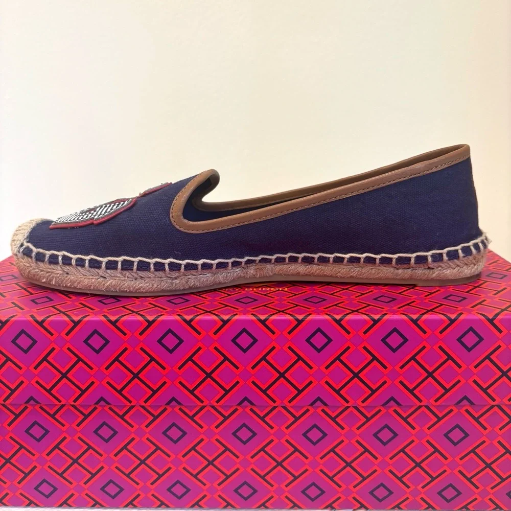 Tory Burch Women’s Maritime Flat Espadrille Size 8 Navy Canvas Nautical Anchor